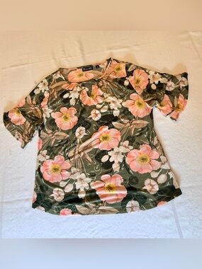 Avenue Olive Green Floral Short Sleeve Tee with Pink Blooms